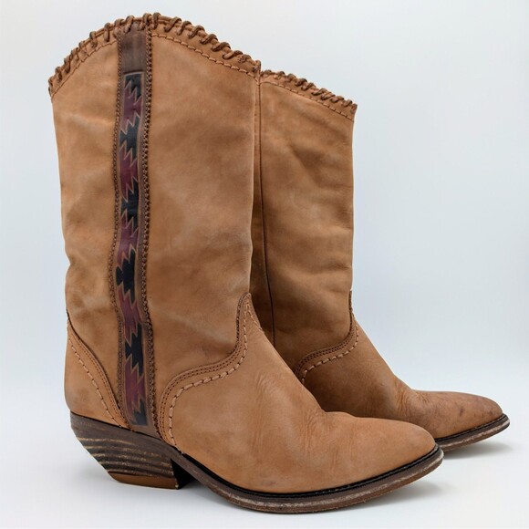 Vintage Zodiac Womens Western Cowboy Boots 7 Brown Suede Leather Navajo Mid Calf - Picture 1 of 12